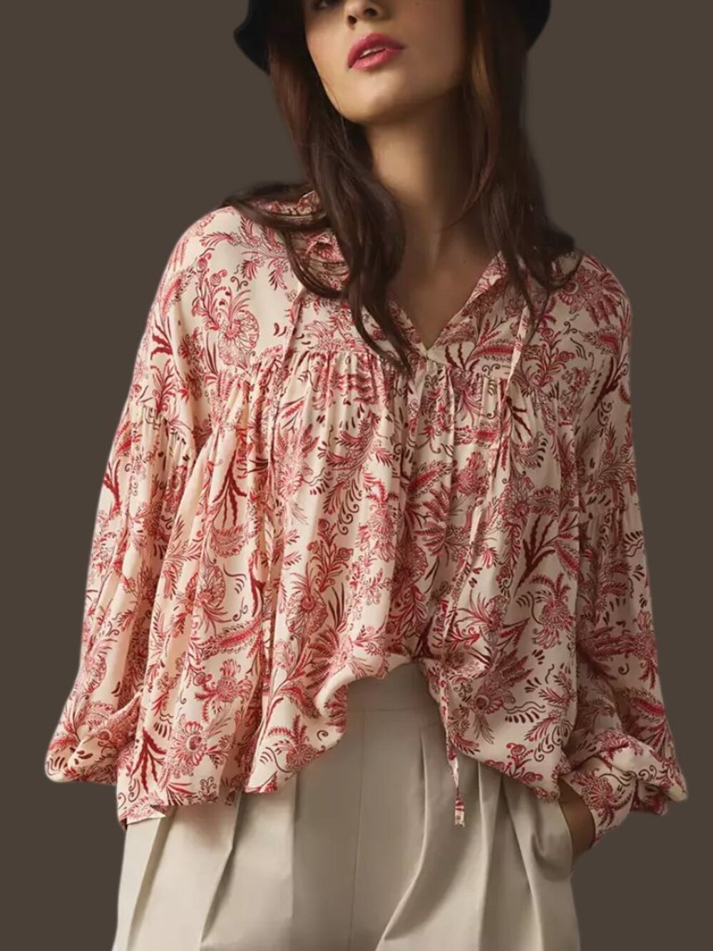 Anthropologie Tie-Front Peasant Blouse Long Sleeve Neutral Medium